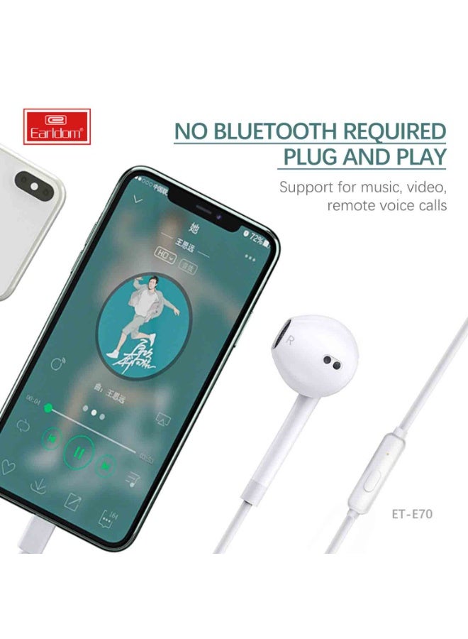 Earldom ET-E70 USB Type-C Wired Earphones with Microphone HD Stereo Sound In-Line Controls Plug & Play 120 cm Cable White - Image 3