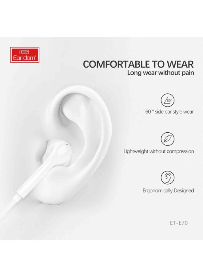 Earldom ET-E70 USB Type-C Wired Earphones with Microphone HD Stereo Sound In-Line Controls Plug & Play 120 cm Cable White - Image 4