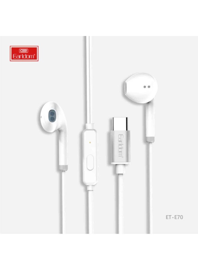Earldom ET-E70 USB Type-C Wired Earphones with Microphone HD Stereo Sound In-Line Controls Plug & Play 120 cm Cable White - Image 1