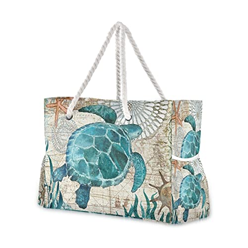 Senya Large Beach Totes Canvas Tote Shoulder Bag Water Resistant for Gym Travel Daily Sea Turtle Starfish