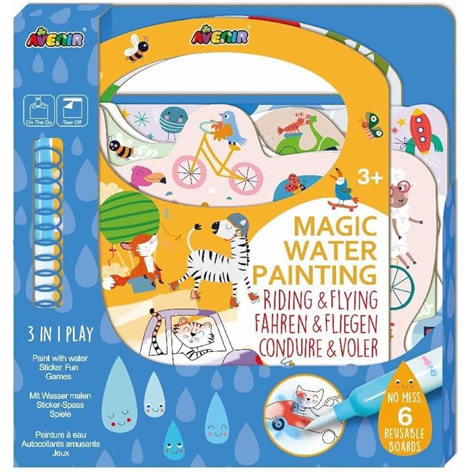 Avenir Magic Water Painting â€“ Riding & Flying | 6 Reusable Coloring Surfaces, 2 Sheets of Repositionable Stickers, and Refillable Water Pen, Easy to Carry | Kids 3+