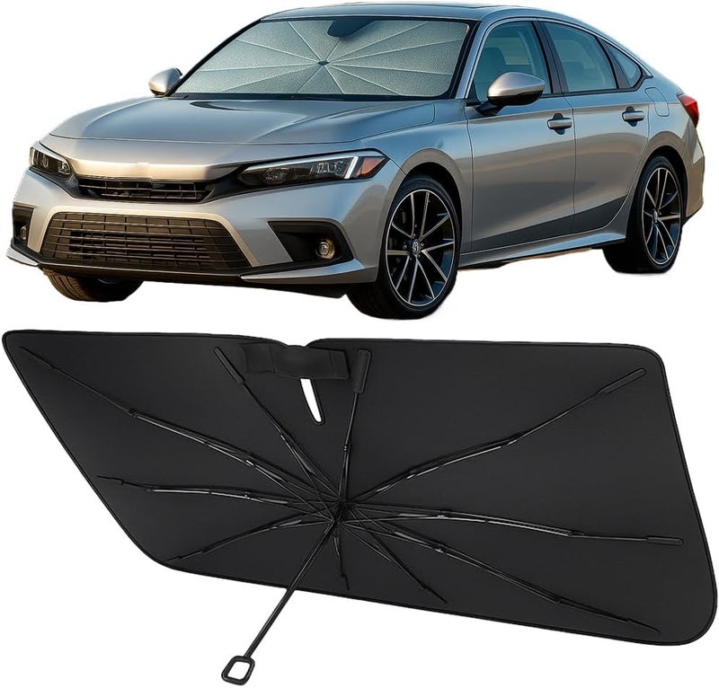 Proadsy مظلة واقية من أشعة الشمس للزجاج الأمامي من ، مناسبة لسيارات Honda Civic طرازات 2022-2025، قابلة للطي، مع مقبض مصنوع من مادة TPU ناعمة وهيكل مرن، ومادة تبريد بالبلورات؛ تحمي السيارة من أشعة الشمس والحرارة. - Image 1