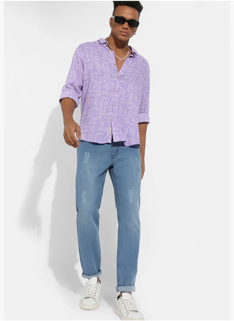 Campus Sutra Printed Spread Collar Long Sleeve Shirt