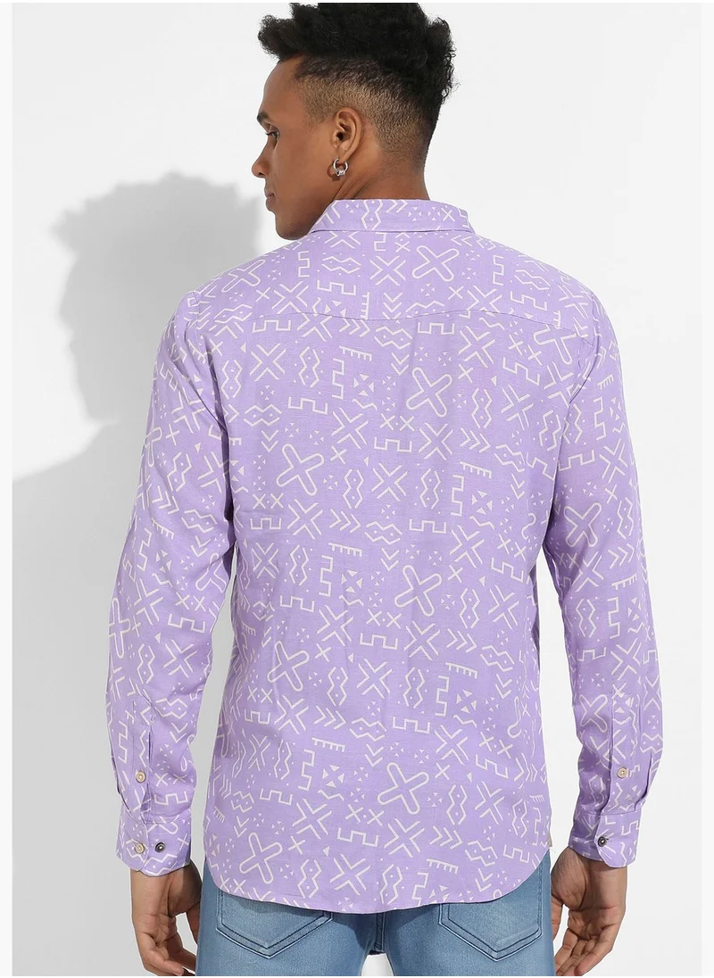 Campus Sutra Printed Spread Collar Long Sleeve Shirt