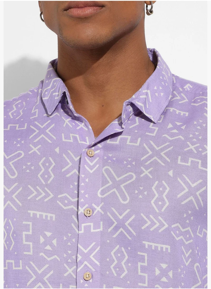Campus Sutra Printed Spread Collar Long Sleeve Shirt