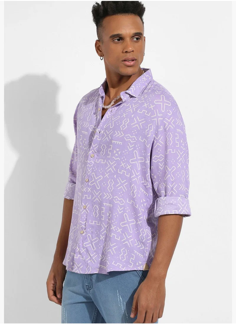 Campus Sutra Printed Spread Collar Long Sleeve Shirt
