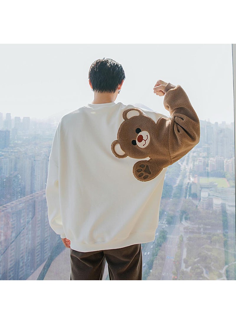 Generic - Autumn/winter Mens Long Sleeve Lamb Wool Embroidery Flocking Cute Bear Loose-fit Casual Style Sweatshirt Direct Manufacturer Black - Image 1
