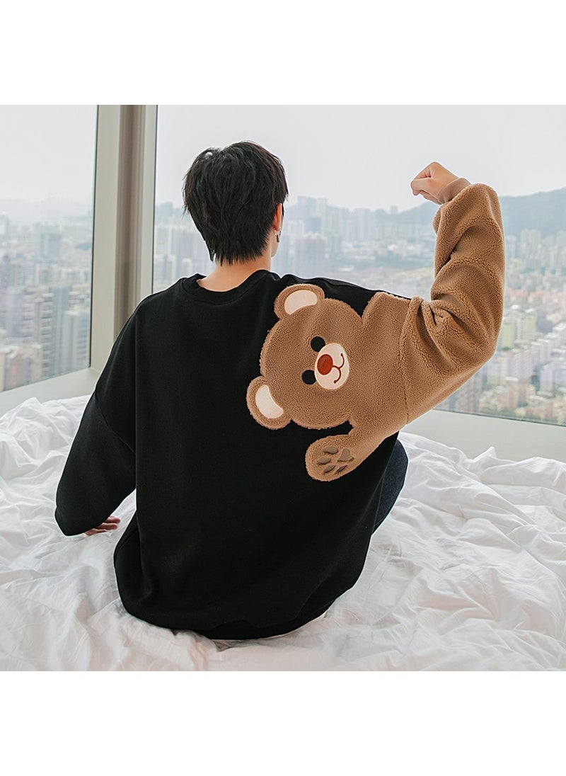 Generic - Autumn/winter Mens Long Sleeve Lamb Wool Embroidery Flocking Cute Bear Loose-fit Casual Style Sweatshirt Direct Manufacturer Black - Image 1