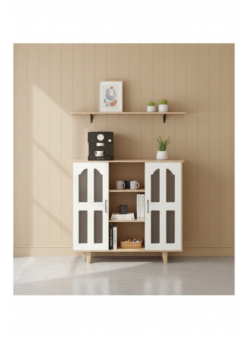 لاكجوري هوم خزانة تخزين متعددة الأغراض لركن القهوة، خزانة جانبية للمطبخ بأرفف وأبواب، حامل فرن الميكروويف، منظم مطبخ للأواني والفواكه والخضروات - Image 1