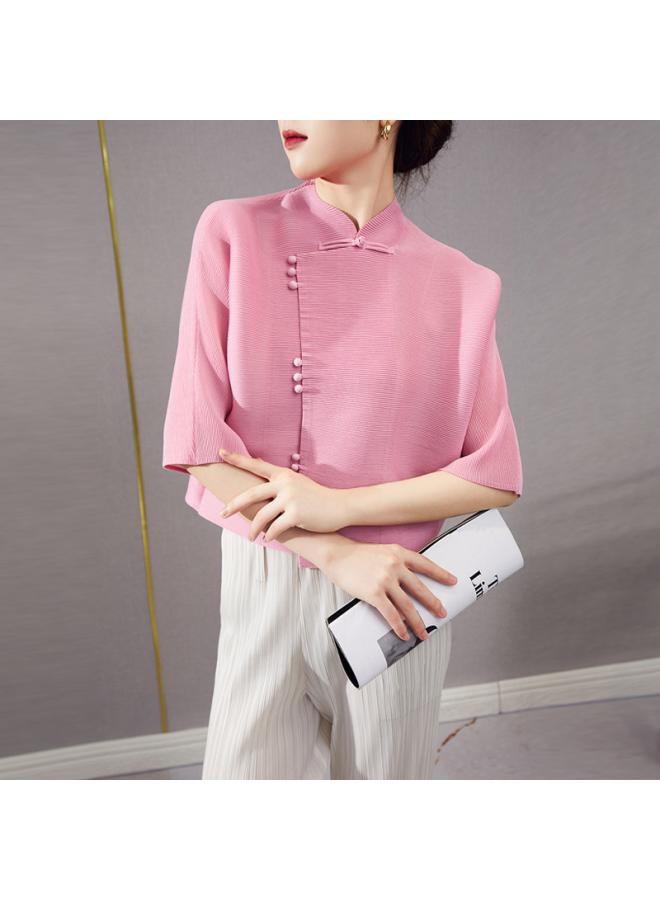 Chinese Style Pleated Top T-shirt Women's Spring And Summer New Design Niche Retro Buckle Five-point Sleeve Cardigan