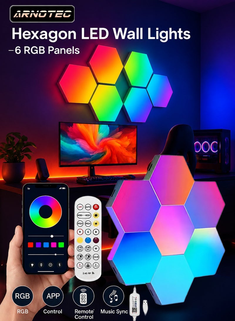 ARNOTEC Hexagon LED Wall Lights 6 Panels, Smart RGB Gaming Lights with Bluetooth App & Remote Control, Music Sync DIY Modular Wall Light, USB Powered for Bedroom Living Room Gaming Room - Image 1