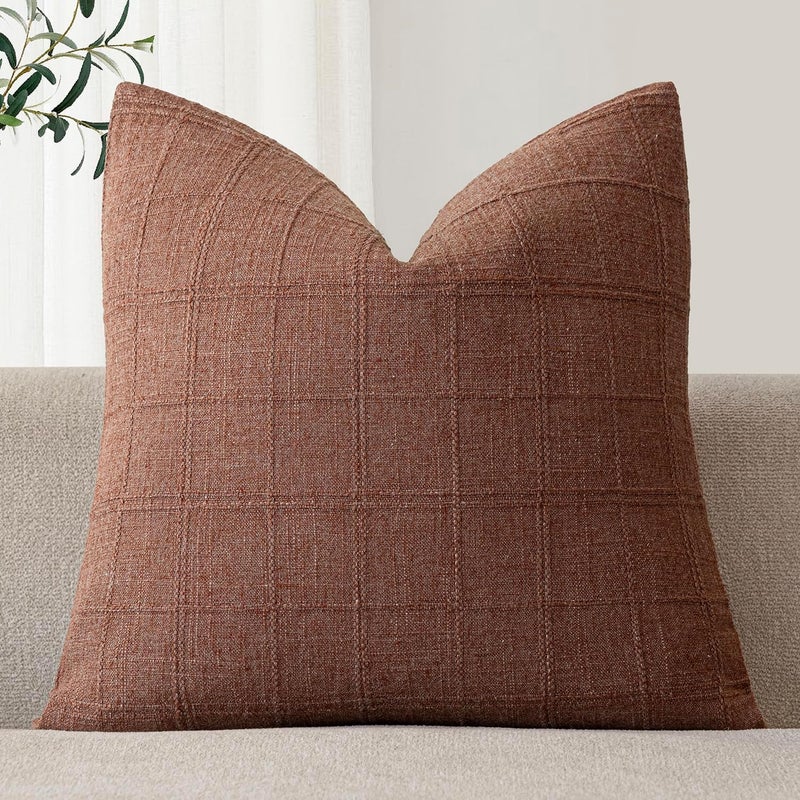 Foindtower Set of 1 Decorative Linen Check Throw Pillow Cover Neutral Farmhouse Vintage Cushion Cover Modern Boho Home Decor for Sofa Chair Couch Bedroom Living Room,26×26 Inch,Autumnal Red - Image 1
