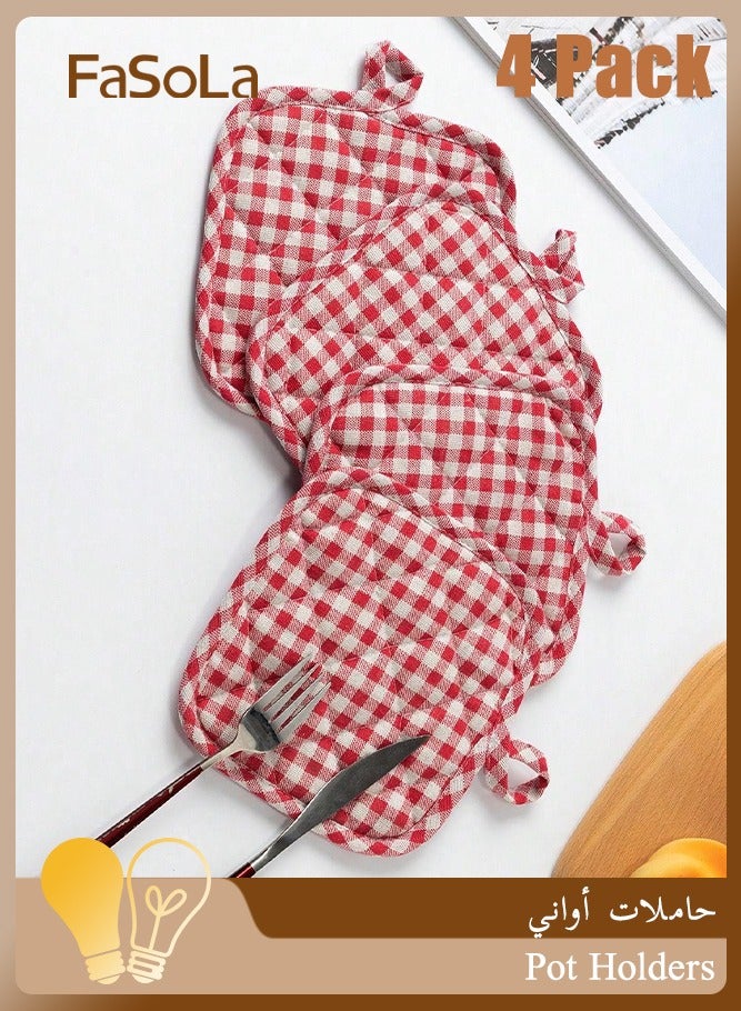 Fasola Pot Holders, 4 Pack Heat Resistant Mats, 17x17cm Cotton Trivets, Quilted Hot Pads for Kitchen and Dining Room Table, Kitchen Placemats for Hot Pots and Pans, Cotton Pot Holders with Hanging Loops for Cooking and Baking, Checkered Kitchen Heat Pads for Home Countertop Protection (Red Checkered) - Image 1