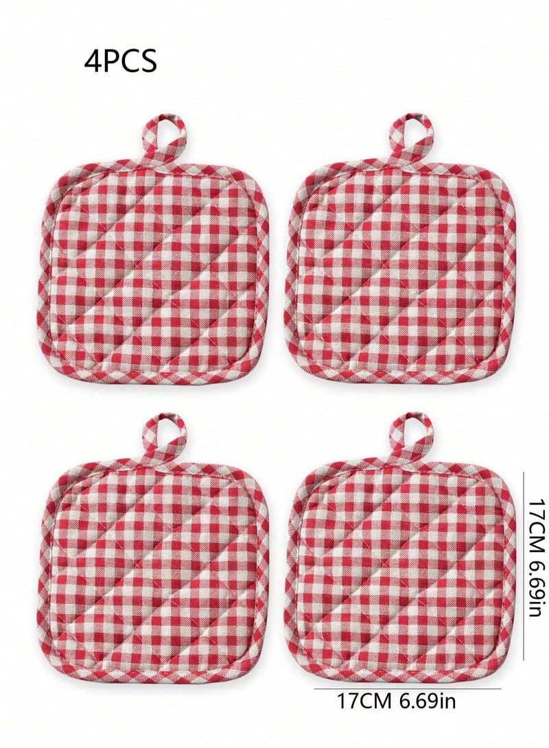 Fasola Pot Holders, 4 Pack Heat Resistant Mats, 17x17cm Cotton Trivets, Quilted Hot Pads for Kitchen and Dining Room Table, Kitchen Placemats for Hot Pots and Pans, Cotton Pot Holders with Hanging Loops for Cooking and Baking, Checkered Kitchen Heat Pads for Home Countertop Protection (Red Checkered) - Image 2