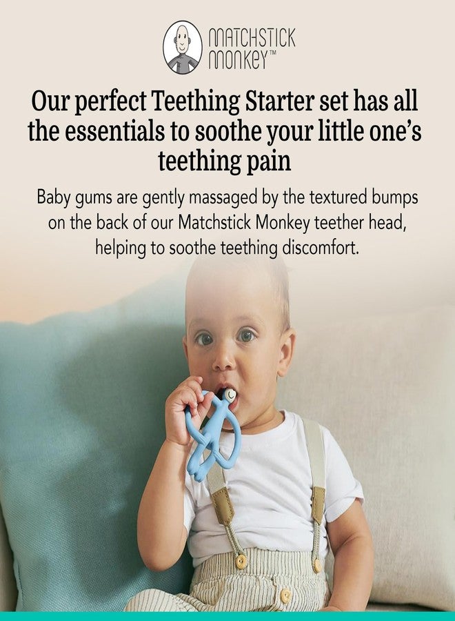 Matchstick Monkey Teething Starter Set – 1 Flat Face Teether, 1 Animal Teether, 2 Silicone Finger Toothbrushes, BPA-Free, Multisensory Relief, Fine Motor Development, 3+ Months, Light Blue - Image 2