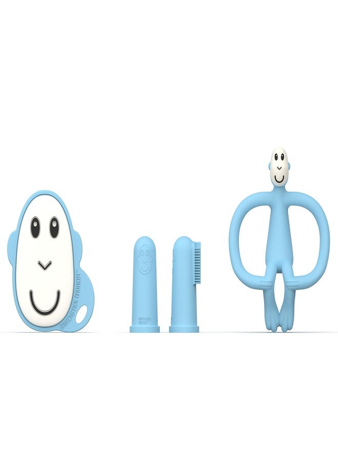 Matchstick Monkey Teething Starter Set – 1 Flat Face Teether, 1 Animal Teether, 2 Silicone Finger Toothbrushes, BPA-Free, Multisensory Relief, Fine Motor Development, 3+ Months, Light Blue - Image 1