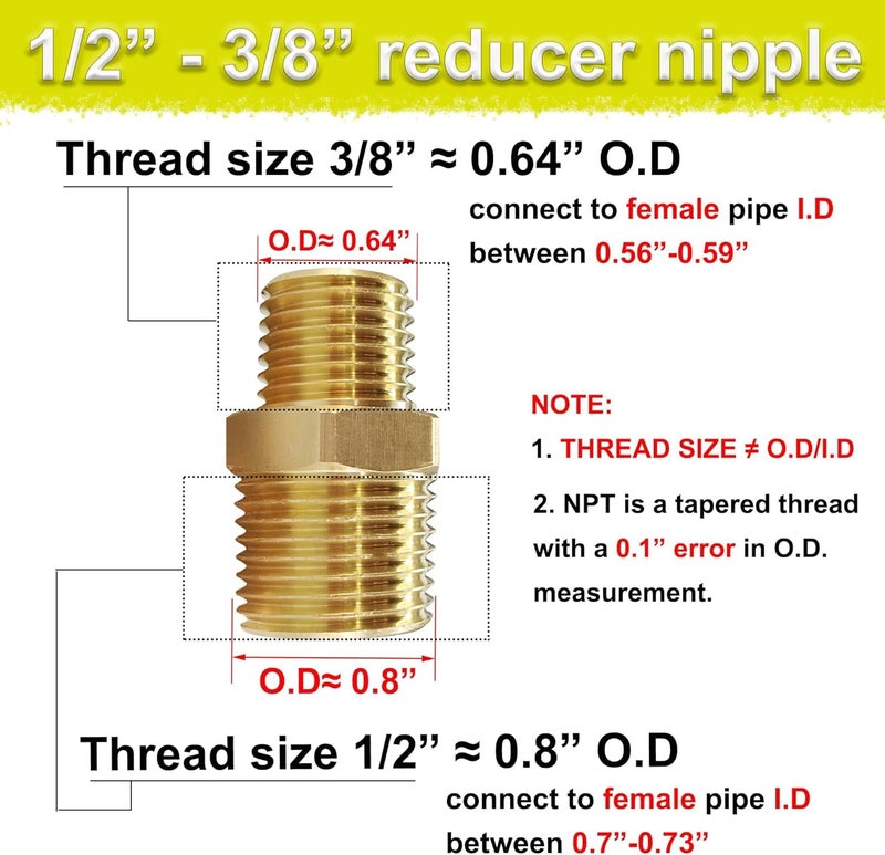 ZOUNI 1/2" NPT Male x 1/4" NPT Male Reducing Hex Nipple, Brass Pipe Fitting Reducer Nipple Adapter 1000psi Reducer Connector Suit for 0.71" and 0.46" Pipe ID (1/2"x 1/4"Male) - Image 2