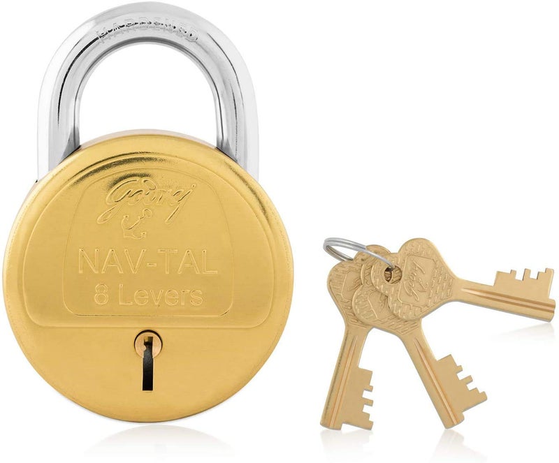 Godrej Locking Solutions and Systems Godrej Locking Solutions and Systems Navtal 8 Levers Brass Finish Padlock for Home with 3 Keys Gold  - Image 1