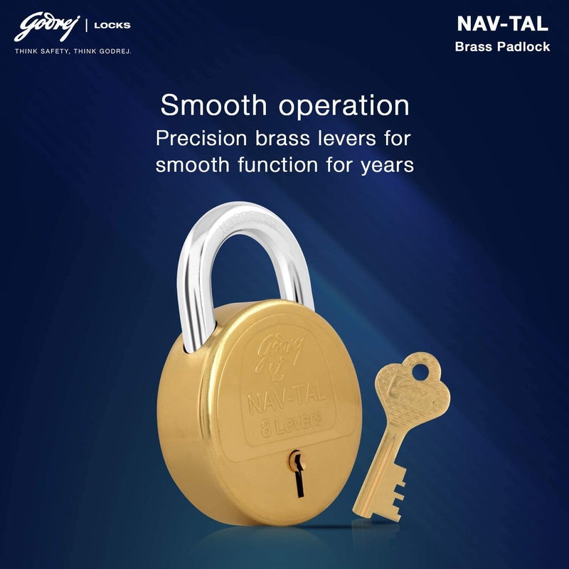 Godrej Locking Solutions and Systems Godrej Locking Solutions and Systems Navtal 8 Levers Brass Finish Padlock for Home with 3 Keys Gold  - Image 2