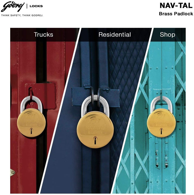 Godrej Locking Solutions and Systems Godrej Locking Solutions and Systems Navtal 8 Levers Brass Finish Padlock for Home with 3 Keys Gold  - Image 5