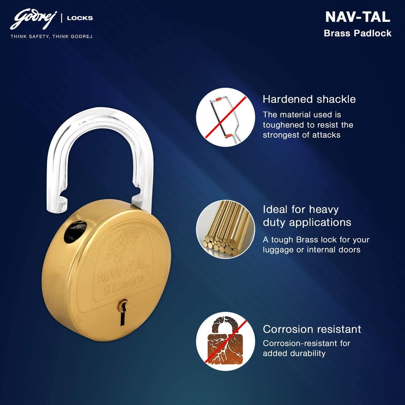 Godrej Locking Solutions and Systems Godrej Locking Solutions and Systems Navtal 8 Levers Brass Finish Padlock for Home with 3 Keys Gold  - Image 4