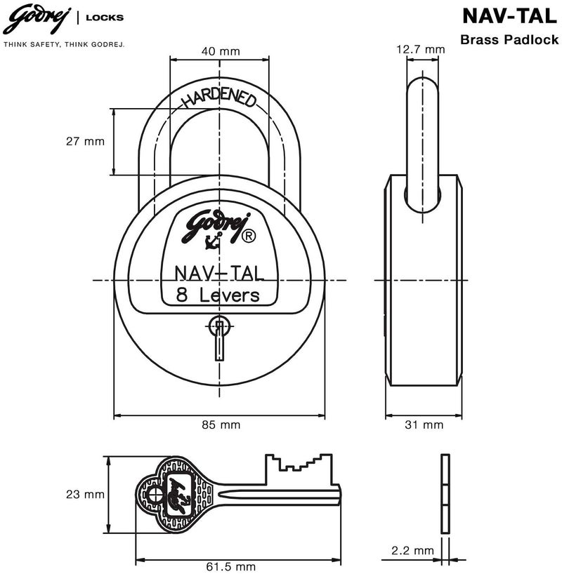 Godrej Locking Solutions and Systems Godrej Locking Solutions and Systems Navtal 8 Levers Brass Finish Padlock for Home with 3 Keys Gold  - Image 3