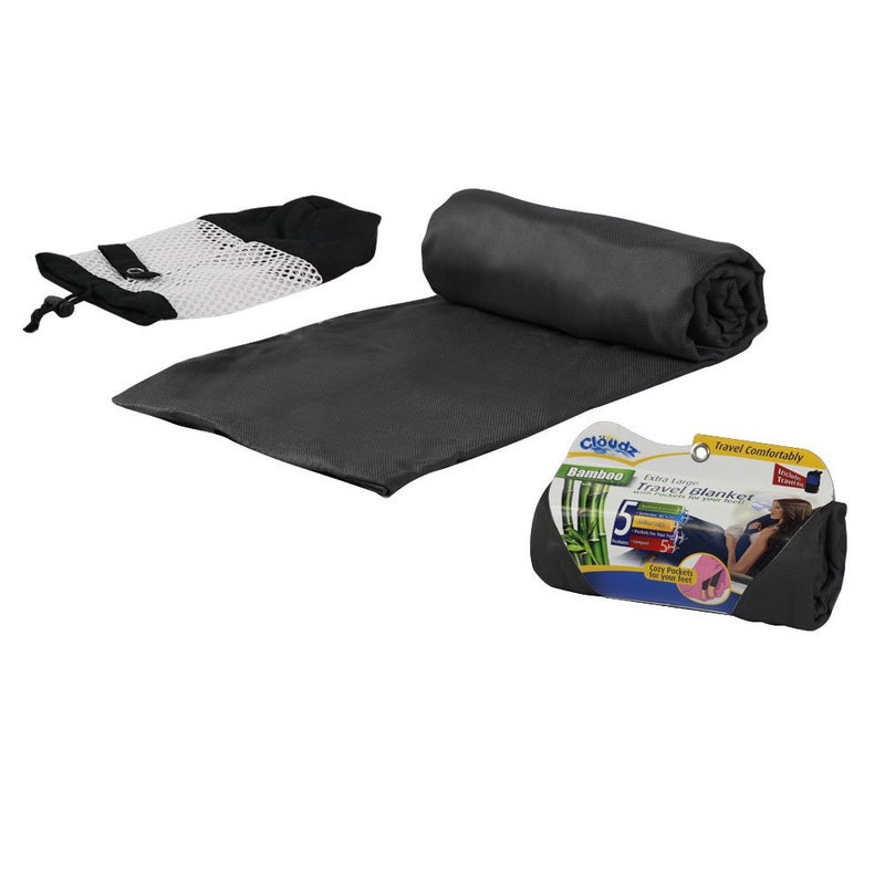Cloudz Extra Large Airplane Travel Blanket for Your Flight, Car, Camping, Home or Comforting Warmth Anywhere! Includes Warm Cozy Pockets for Your Feet and a Travel Bag - Black - Image 1
