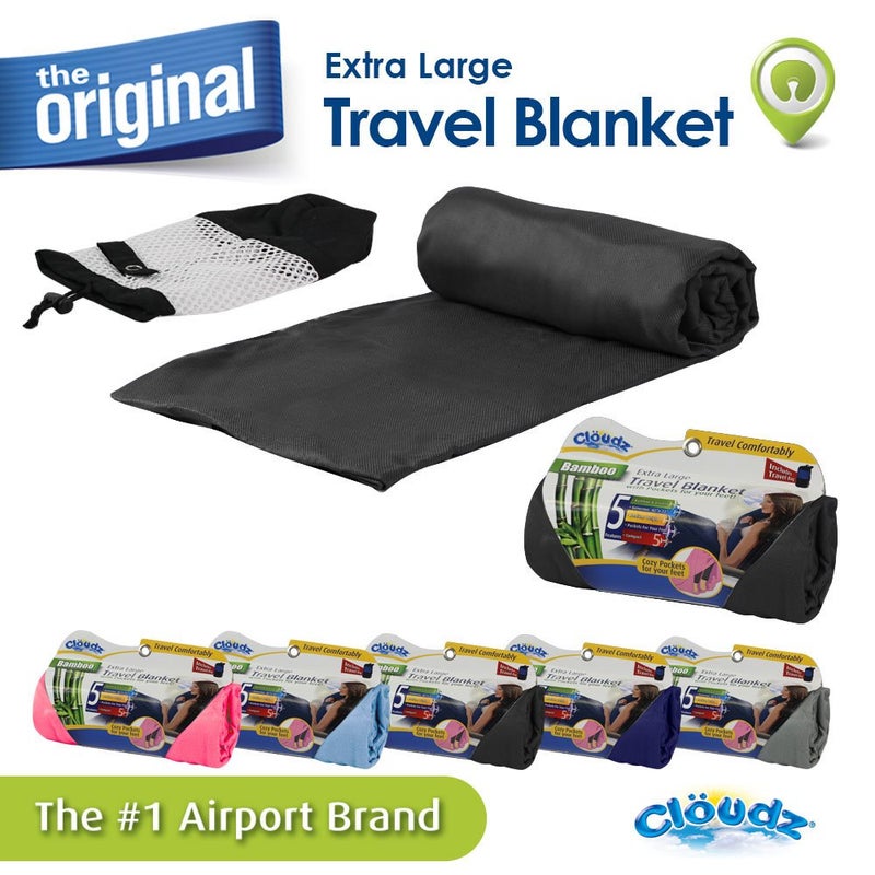 Cloudz Extra Large Airplane Travel Blanket for Your Flight, Car, Camping, Home or Comforting Warmth Anywhere! Includes Warm Cozy Pockets for Your Feet and a Travel Bag - Black - Image 2