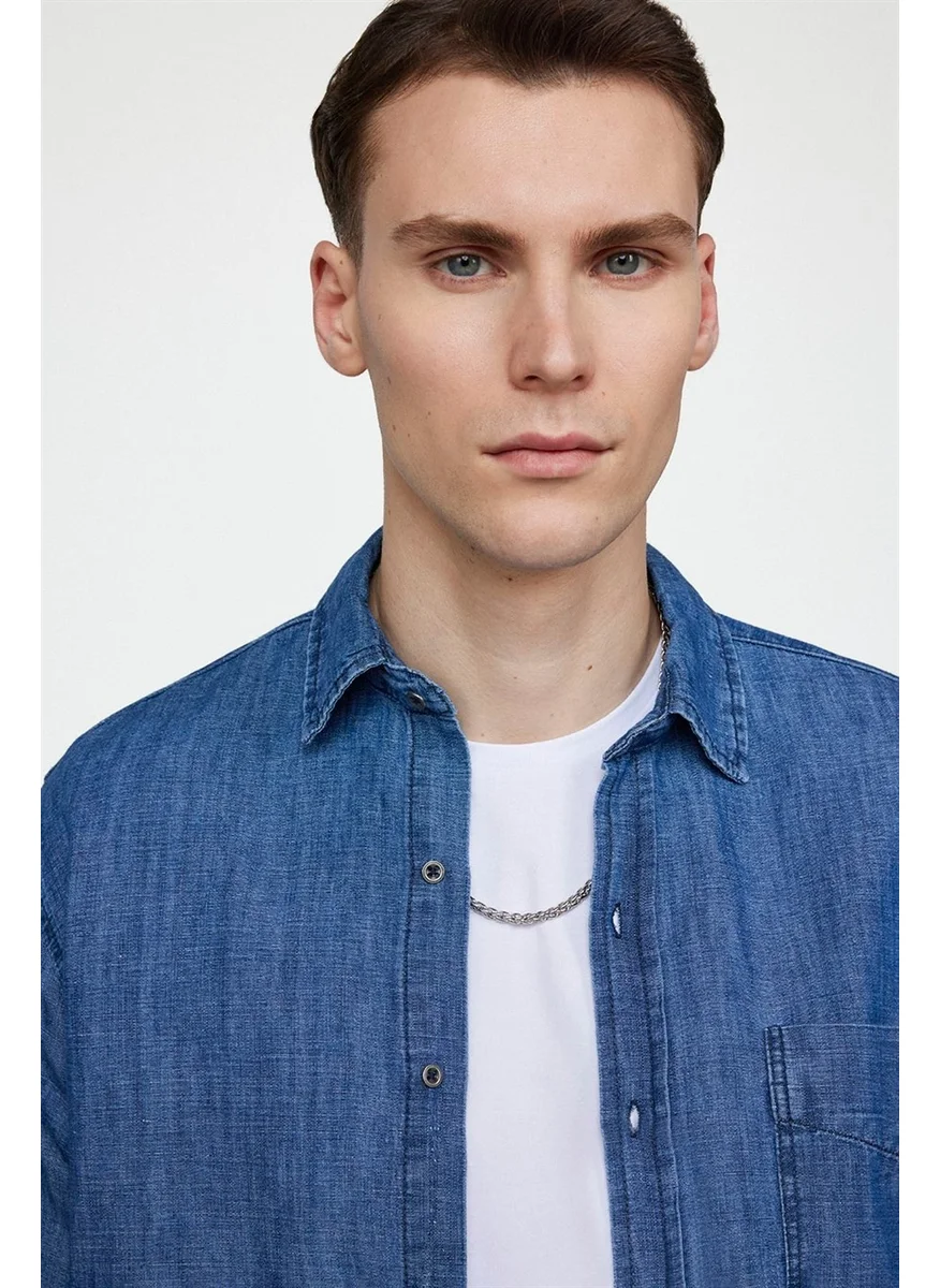 تودورس Classic Fit Comfortable Fit Single Pocket Cotton Denim Navy Blue Shirt