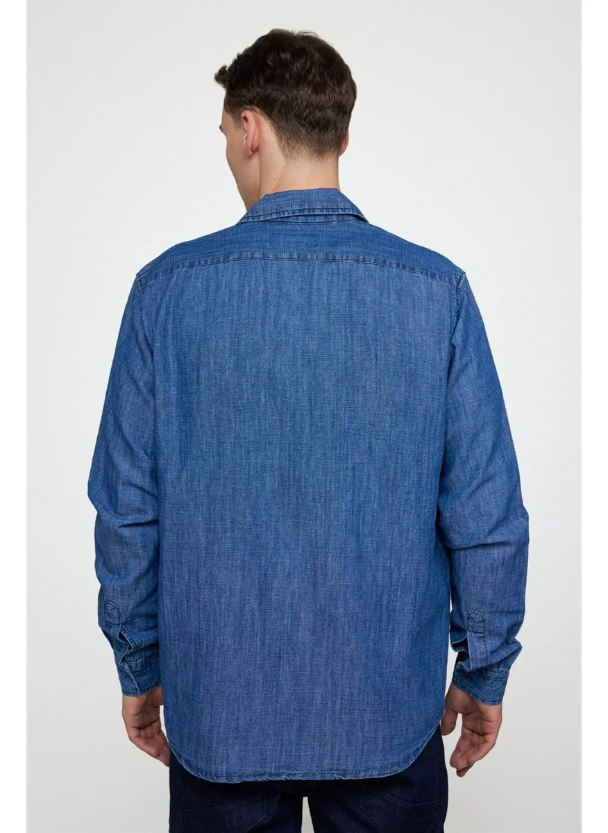 تودورس Classic Fit Comfortable Fit Single Pocket Cotton Denim Navy Blue Shirt