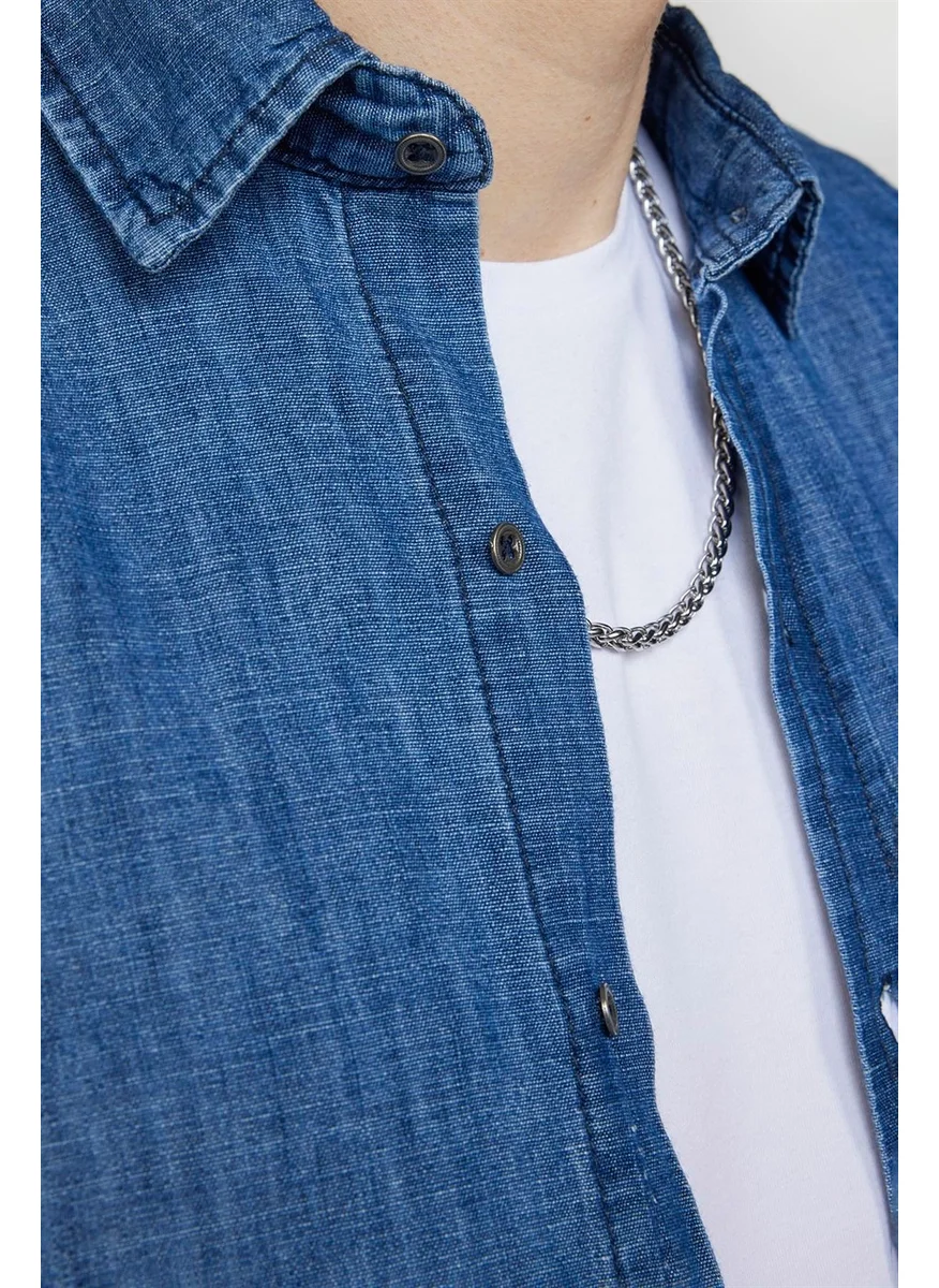 تودورس Classic Fit Comfortable Fit Single Pocket Cotton Denim Navy Blue Shirt