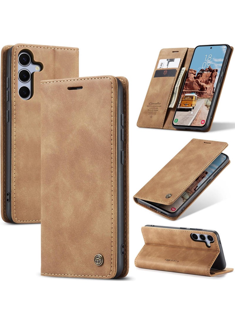 CaseMe Samsung Galaxy S25 Wallet Case Book Folding Flip Folio Case with Magnetic Kickstand Card Slots Protective Cover - Brown - Image 1