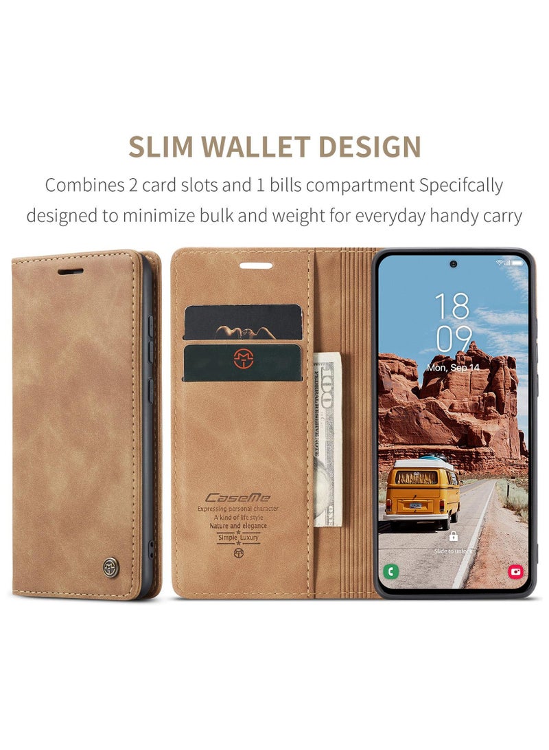 CaseMe Samsung Galaxy S25 Wallet Case Book Folding Flip Folio Case with Magnetic Kickstand Card Slots Protective Cover - Brown - Image 2