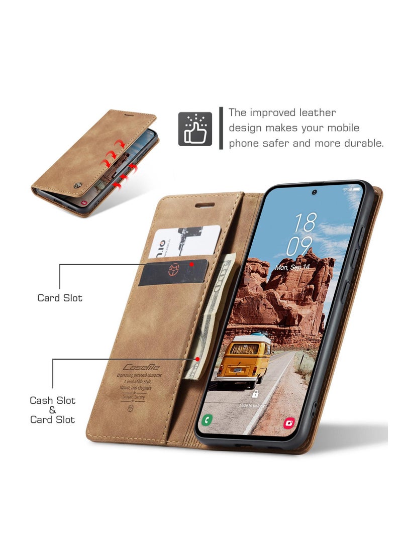 CaseMe Samsung Galaxy S25 Wallet Case Book Folding Flip Folio Case with Magnetic Kickstand Card Slots Protective Cover - Brown - Image 3