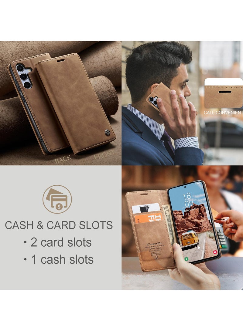 CaseMe Samsung Galaxy S25 Wallet Case Book Folding Flip Folio Case with Magnetic Kickstand Card Slots Protective Cover - Brown - Image 4