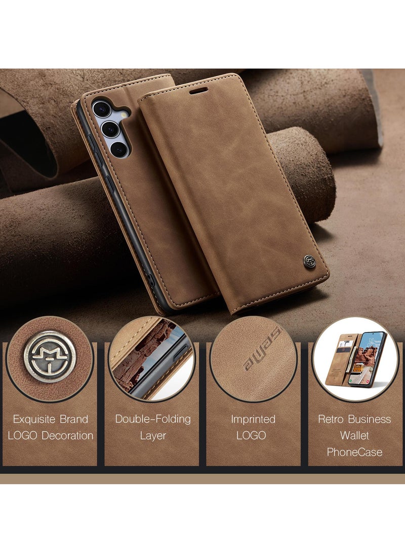 CaseMe Samsung Galaxy S25 Wallet Case Book Folding Flip Folio Case with Magnetic Kickstand Card Slots Protective Cover - Brown - Image 5