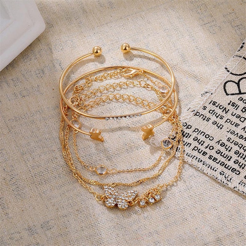 Azonee 5-Piece 14K Gold Plated Bohemian Bracelet Set – Layered Butterfly & Honeycomb Link Chains with Rhinestone Beads Stackable Paperclip Bangle Set for Women - Image 3