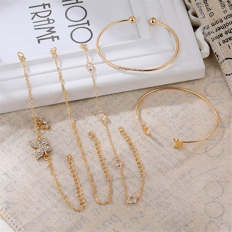 Azonee 5-Piece 14K Gold Plated Bohemian Bracelet Set – Layered Butterfly & Honeycomb Link Chains with Rhinestone Beads Stackable Paperclip Bangle Set for Women - Image 5