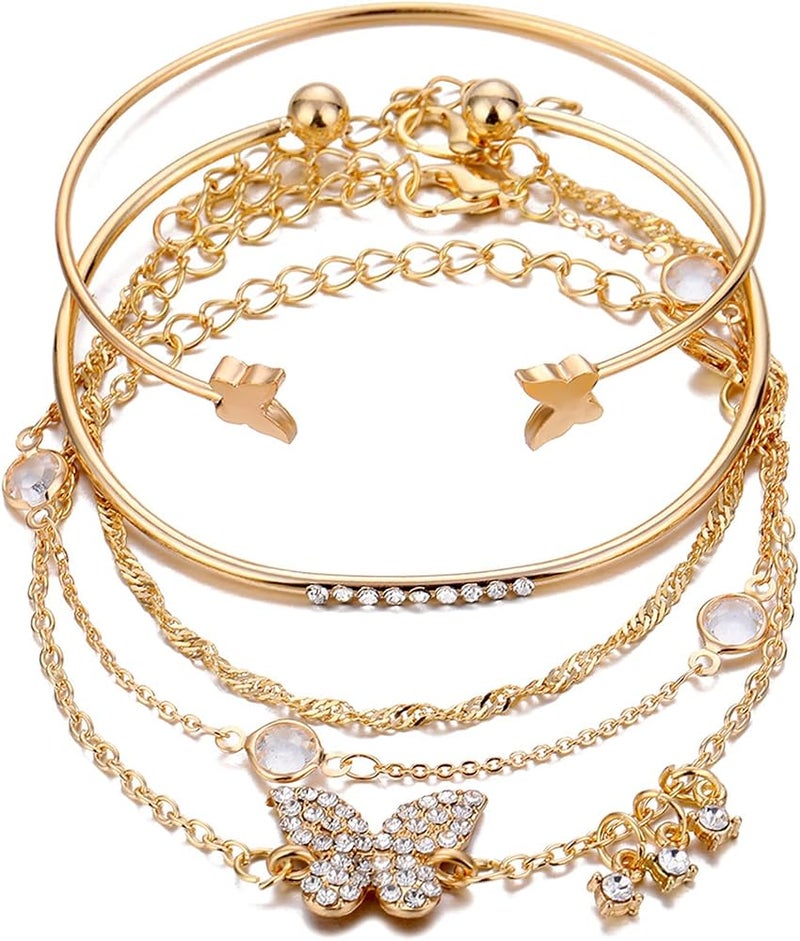 Azonee 5-Piece 14K Gold Plated Bohemian Bracelet Set – Layered Butterfly & Honeycomb Link Chains with Rhinestone Beads Stackable Paperclip Bangle Set for Women - Image 1