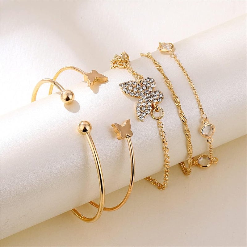Azonee 5-Piece 14K Gold Plated Bohemian Bracelet Set – Layered Butterfly & Honeycomb Link Chains with Rhinestone Beads Stackable Paperclip Bangle Set for Women - Image 4