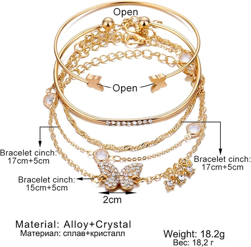 Azonee 5-Piece 14K Gold Plated Bohemian Bracelet Set – Layered Butterfly & Honeycomb Link Chains with Rhinestone Beads Stackable Paperclip Bangle Set for Women - Image 2