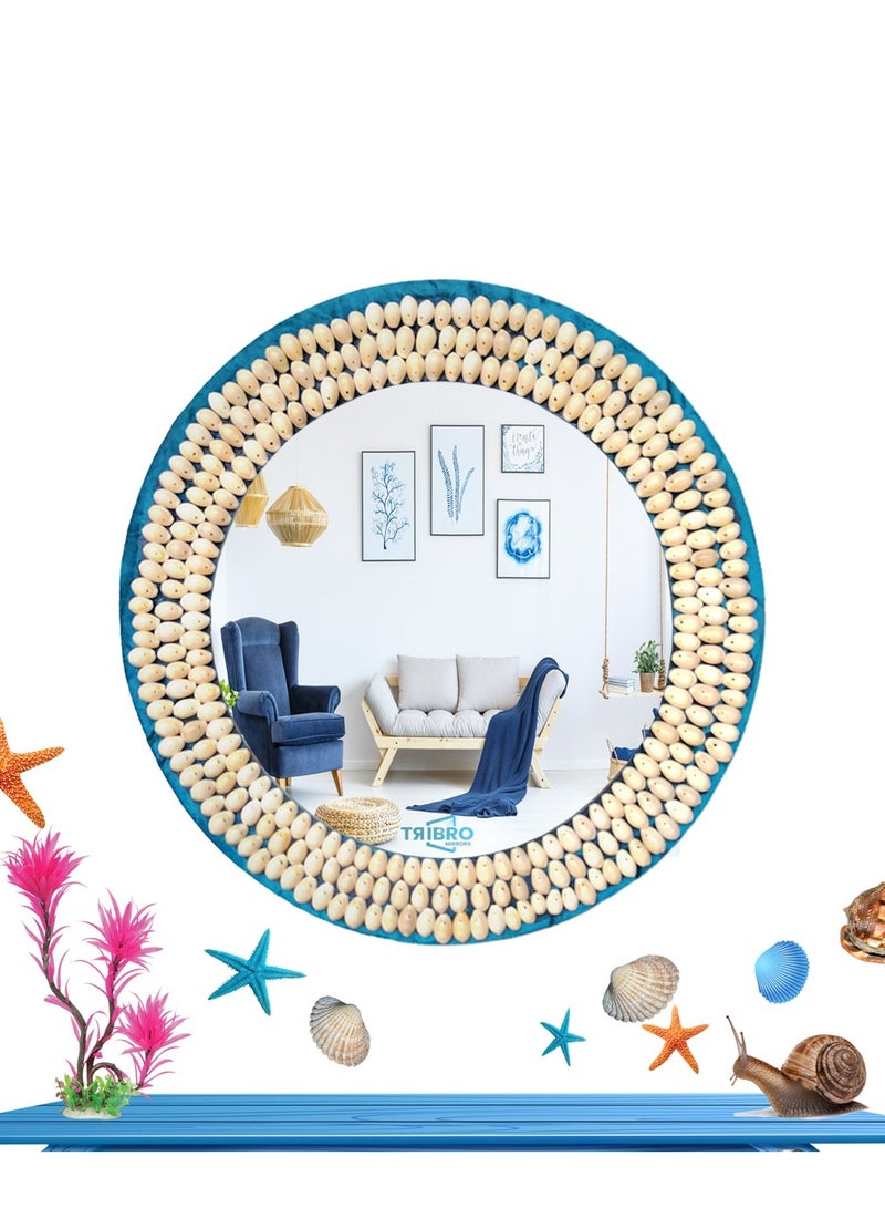 TriBro Sea Shell Blue colour Handmade Wall Mirror Decorative Hanging Mirror With Round Shape for Bedroom Hallway Livingroom 45 * 45cm  - Image 1