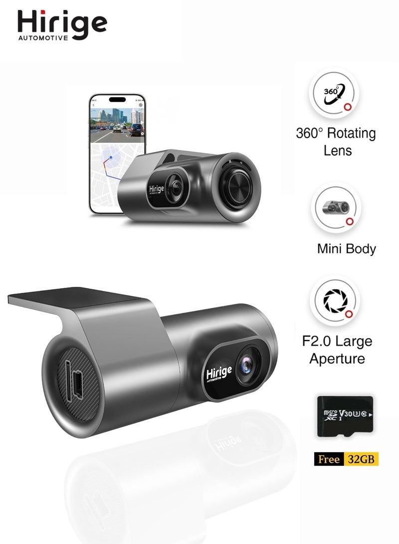 Hirige Automotive M2 Dash Cam 1296P Full HD Car Camera with 360° Rotating Lens, WiFi App, Night Vision, G-Sensor, Loop Recording, Parking Guard, 32GB Card - Image 1