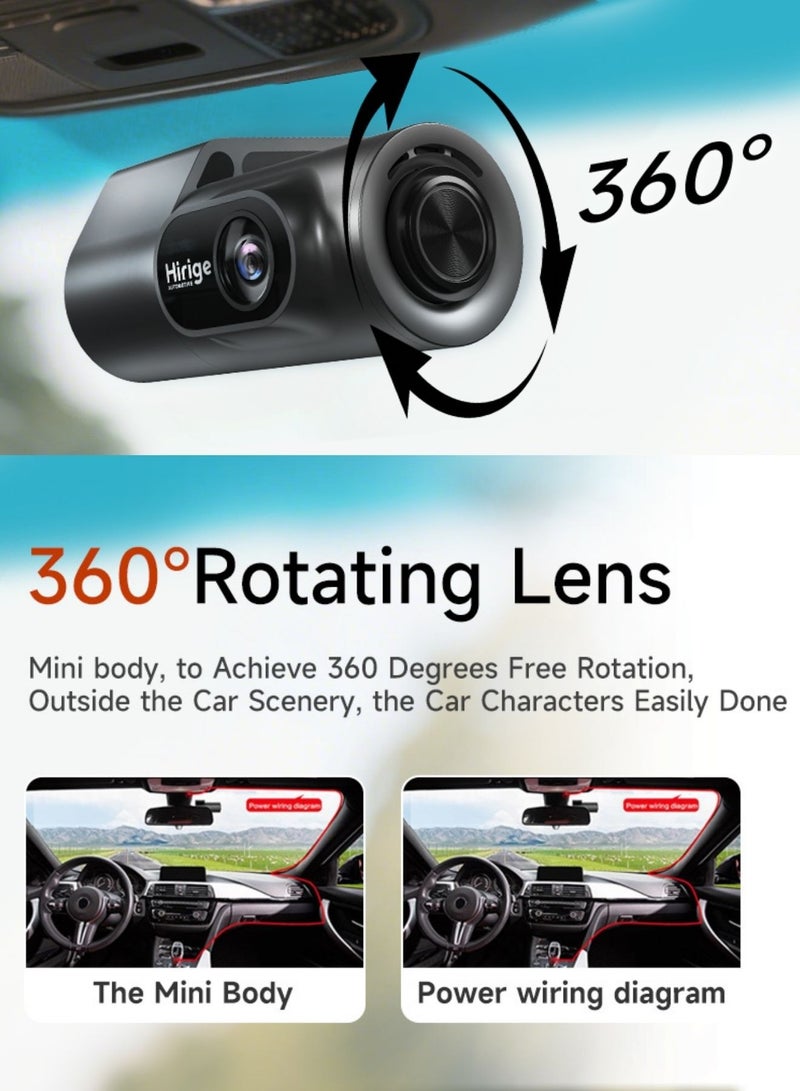 Hirige Automotive M2 Dash Cam 1296P Full HD Car Camera with 360° Rotating Lens, WiFi App, Night Vision, G-Sensor, Loop Recording, Parking Guard, 32GB Card - Image 3