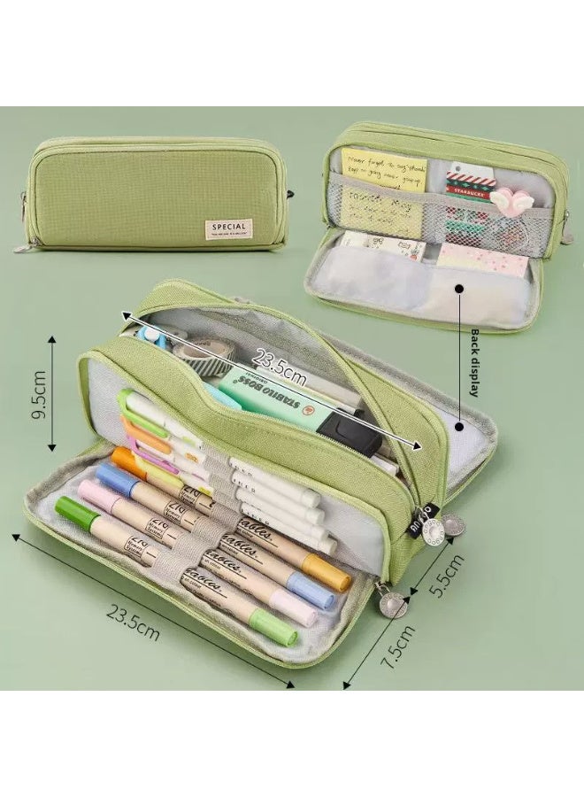 SPECIAL Large Capacity Pencil Bag Three Compartment Pencil Bag Suitable for School Teenagers Girls Boys Outdoor Travel Storage Bag - Green