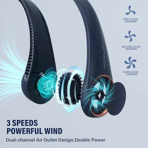 Morelax Neck Fan, USB Rechargeable Personal Fan,Hand Free Bladeless Portable Fans,4000 mAh, 3 Speeds,72 Air Faster softer 360° Cooling, Ultra Quiet,Gift Suitable for Home, Office, Travel, Sports - Image 3