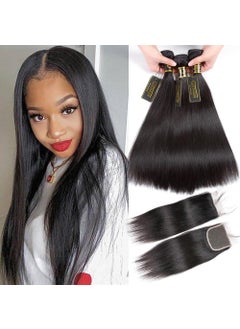 QTHAIR QTHAIR 14A Brazilian Hair Straight Human Bundles with 4x4 Lace Closure14 14 1612Free PartNatural Black 100 Unprocessed Human Hair with Swiss Lace Closure Brazilian Straight Weave Hair 