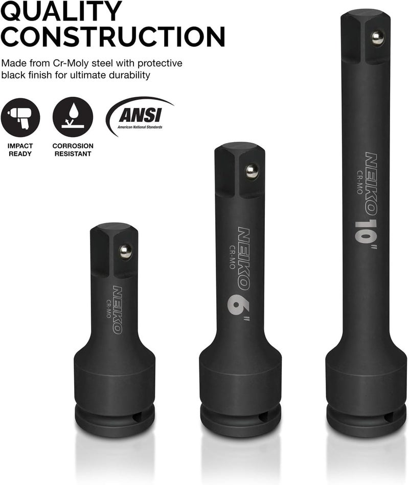 NEIKO 00236A 3/4-Inch-Drive Impact Extension-Bar Set, Made with CrV Steel, 4-Inch, 6-Inch, and 10-Inch Sizes, 3-Piece Set - Image 2