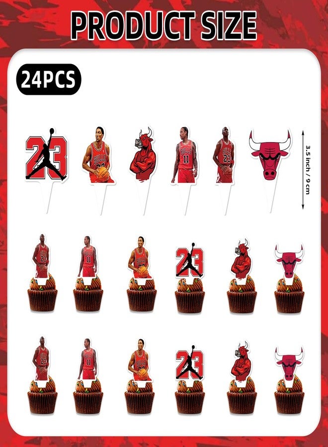 Bahteliv 25pcs Chicago Cake Decorations with 24pcs Cupcake Toppers, 1pcs Cake Topper for Basketball Birthday Party Supplies (white7) - Image 2