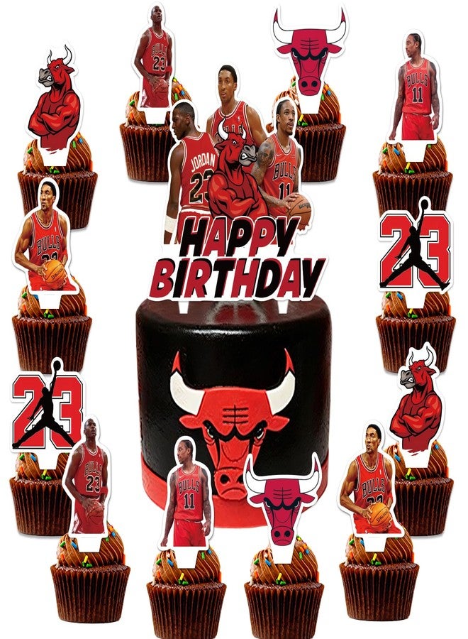 Bahteliv 25pcs Chicago Cake Decorations with 24pcs Cupcake Toppers, 1pcs Cake Topper for Basketball Birthday Party Supplies (white7) - Image 1